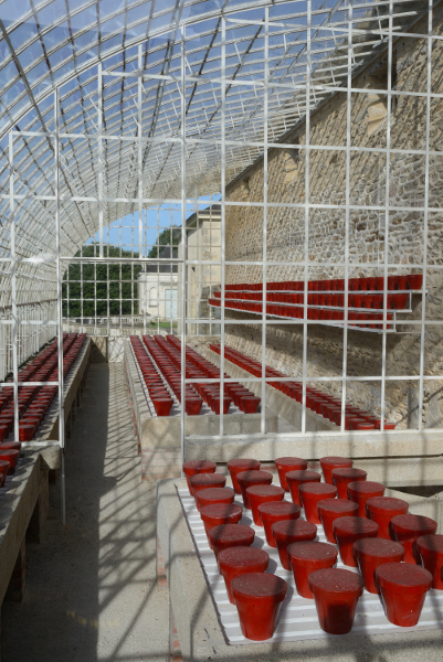 Paysages contemporains : Jean Pierre Raynaud, 1000 pots en béton peints pour une serre ancienne, 1986, pots et béton peints, Coll. Frac Bretagne - Photo Kerguéhennec © ADAGP, Paris 2016